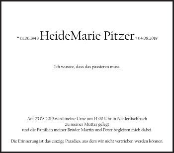 Traueranzeige von Heide Marie Pitzer von Siegener Zeitung