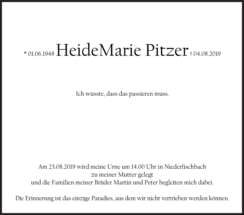  Traueranzeige für Heide Marie Pitzer vom 17.08.2019 aus Siegener Zeitung