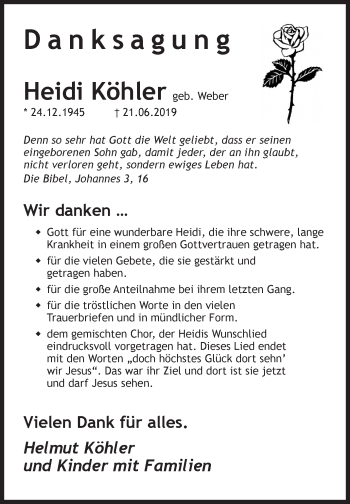 Traueranzeige von Heidi Köhler von Siegener Zeitung