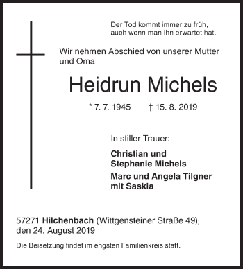 Traueranzeige von Heidrun Michels von Siegener Zeitung