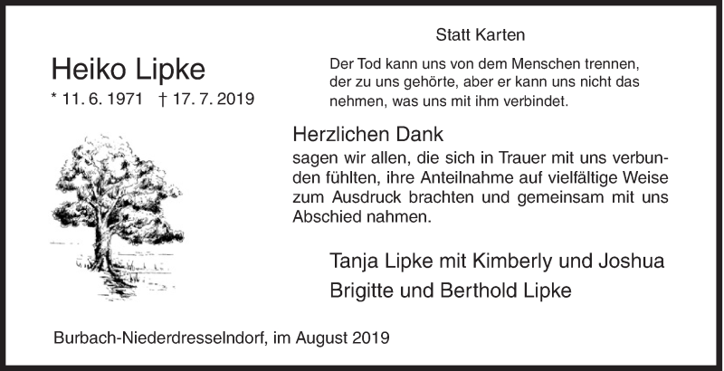  Traueranzeige für Heiko Lipke vom 24.08.2019 aus Siegener Zeitung