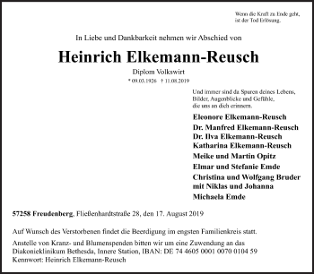 Traueranzeige von Heinrich Elkemann-Reusch von Siegener Zeitung