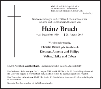Traueranzeige von Heinz Bruch von Siegener Zeitung