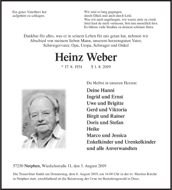 Traueranzeige von Heinz Weber von Siegener Zeitung