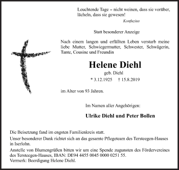 Traueranzeige von Helene Diehl von Siegener Zeitung