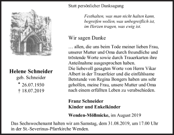 Traueranzeige von Helene Schneider von Siegener Zeitung