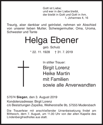 Traueranzeige von Helga Ebener von Siegener Zeitung