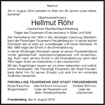 Traueranzeige von Hellmut Röhr von Siegener Zeitung