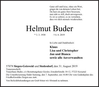 Traueranzeige von Helmut Buder von Siegener Zeitung