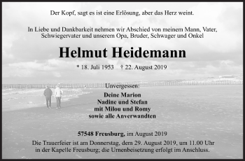 Traueranzeige von Helmut Heidemann von Siegener Zeitung