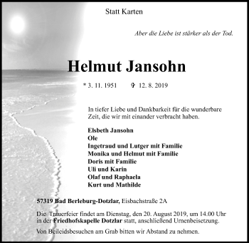 Traueranzeige von Helmut Jansohn von Siegener Zeitung