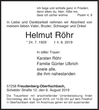 Traueranzeige von Helmut Röhr von Siegener Zeitung