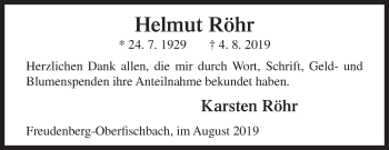 Traueranzeige von Helmut Röhr von Siegener Zeitung