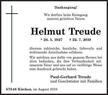 Traueranzeige von Helmut Treude von Siegener Zeitung