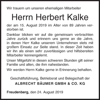 Traueranzeige von Herbert Kalke von Siegener Zeitung