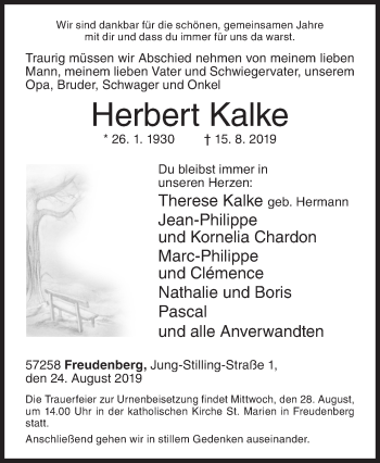 Traueranzeige von Herbert Kalke von Siegener Zeitung