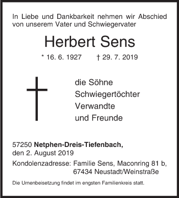 Traueranzeige von Herbert Sens von Siegener Zeitung