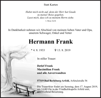Traueranzeige von Hermann Frank von Siegener Zeitung