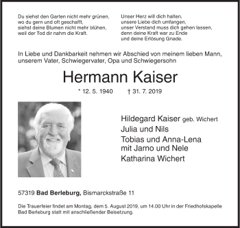 Traueranzeige von Hermann Kaiser von Siegener Zeitung