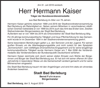 Traueranzeige von Hermann Kaiser von Siegener Zeitung