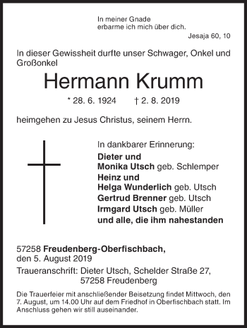 Traueranzeige von Hermann Krumm von Siegener Zeitung