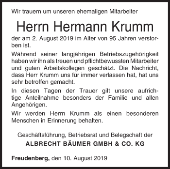 Traueranzeige von Hermann Krumm von Siegener Zeitung