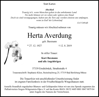 Traueranzeige von Herta Averdung von Siegener Zeitung