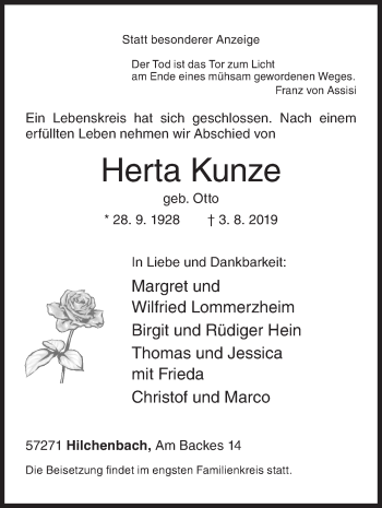 Traueranzeige von Herta Kunze von Siegener Zeitung