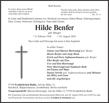 Traueranzeige von Hilde Benfer von Siegener Zeitung
