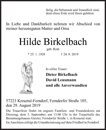 Traueranzeige von Hilde Birkelbach von Siegener Zeitung