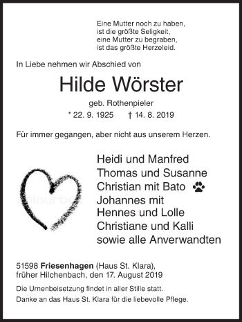 Traueranzeige von Hilde Wörster von Siegener Zeitung