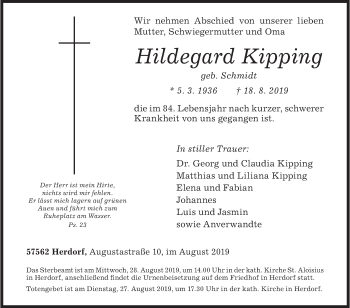 Traueranzeige von Hildegard Kipping von Siegener Zeitung