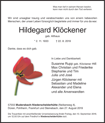 Traueranzeige von Hildegard Klöckener von Siegener Zeitung