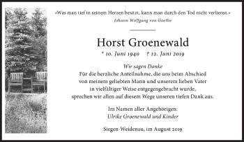 Traueranzeige von Horst Groenewald von Siegener Zeitung