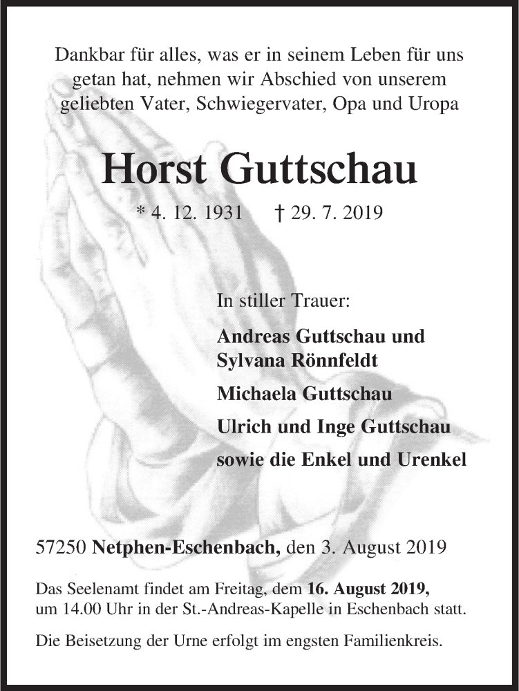  Traueranzeige für Horst Guttschau vom 03.08.2019 aus Siegener Zeitung