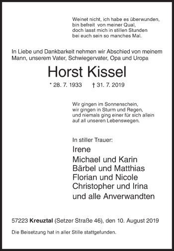 Traueranzeige von Horst Kissel von Siegener Zeitung