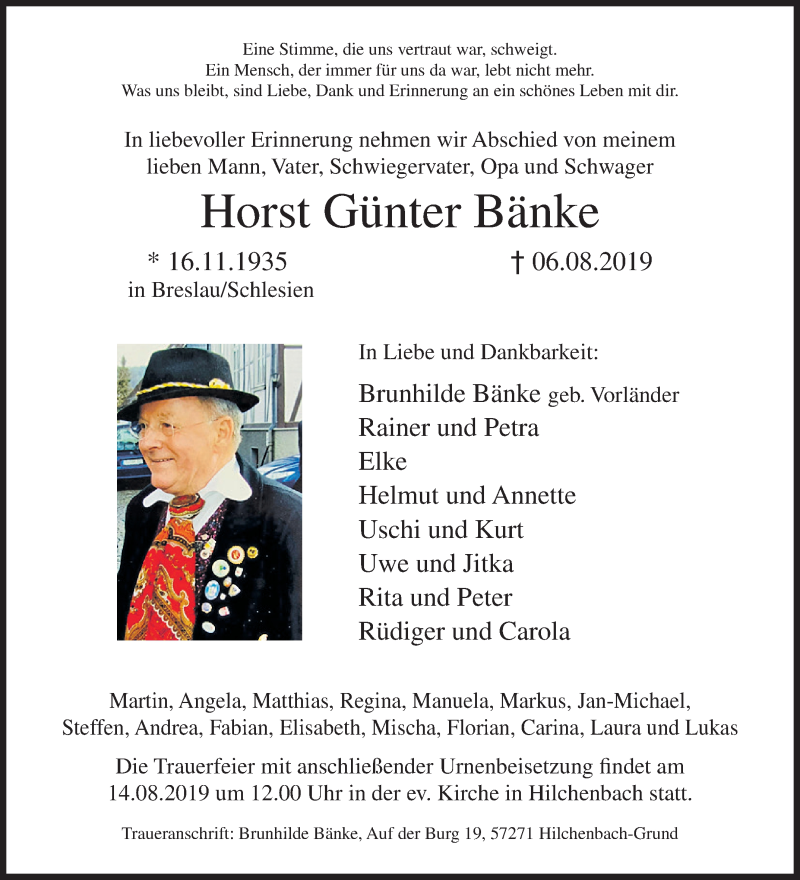  Traueranzeige für Horst Günter Bänke vom 09.08.2019 aus Siegener Zeitung