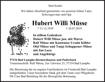 Traueranzeige von Hubert Willi Müsse von Siegener Zeitung