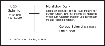 Traueranzeige von Hugo Schmidt von Siegener Zeitung