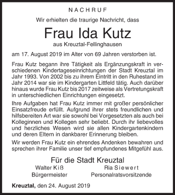 Traueranzeige von Ida Kutz von Siegener Zeitung