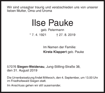 Traueranzeige von Ilse Pauke von Siegener Zeitung