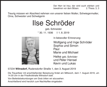 Traueranzeige von Ilse Schröder von Siegener Zeitung