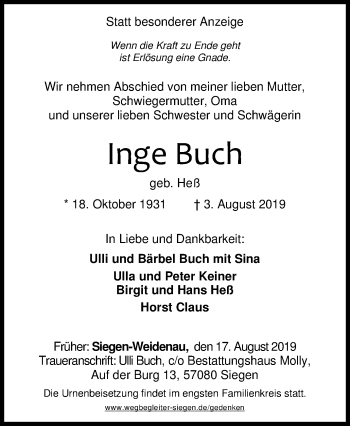 Traueranzeige von Inge Buch von Siegener Zeitung