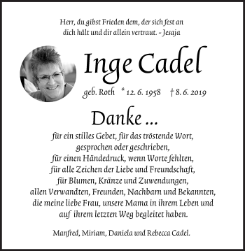 Traueranzeige von Inge Cadel von Siegener Zeitung
