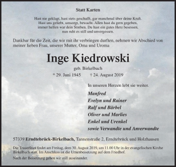 Traueranzeige von Inge Kiedrowski von Siegener Zeitung