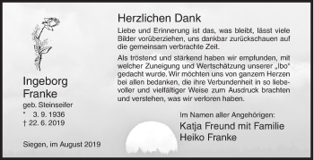 Traueranzeige von Ingeborg Franke von Siegener Zeitung
