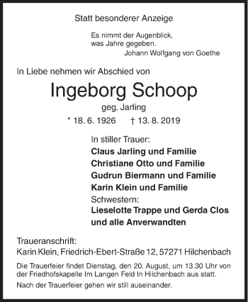 Traueranzeige von Ingeborg Schoop von Siegener Zeitung