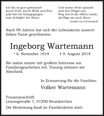 Traueranzeige von Ingeborg Wartemann von Siegener Zeitung