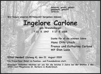 Traueranzeige von Ingelore Carlone von Siegener Zeitung
