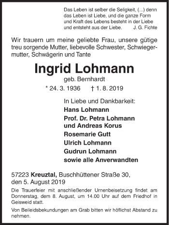 Traueranzeige von Ingrid Lohmann von Siegener Zeitung